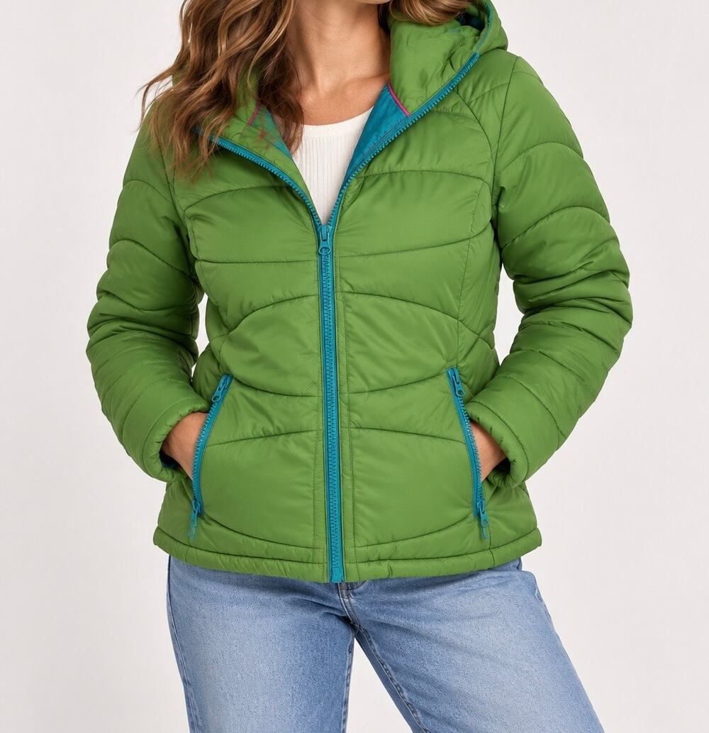 A.N.A a new approach Green Hooded Puffer Jacket with Teal Accents Size Large